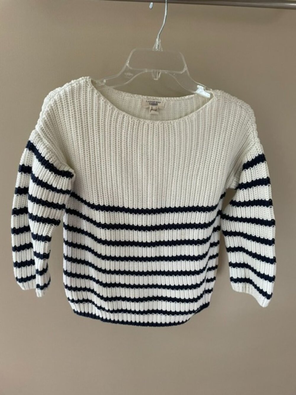 Women's Lands' End Boat neck striped sweater, Ivory with navy stripes